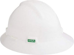 MSA - ANSI Type I, Class E Rated, Ratchet Adjustment Hard Hat - Size 6-1/2 to 8, White, Full Brim - Industrial Tool & Supply