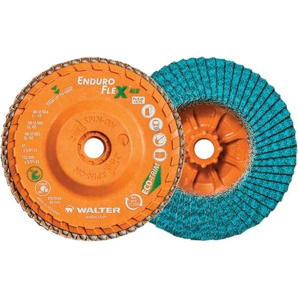 WALTER Surface Technologies - 40 Grit, 5" Disc Diam, 5/8-11 Center Hole, Type 27 Zirconia Alumina Flap Disc - 12,200 Max RPM, Polyester Backing, Arbor Attaching System, Coated - Industrial Tool & Supply