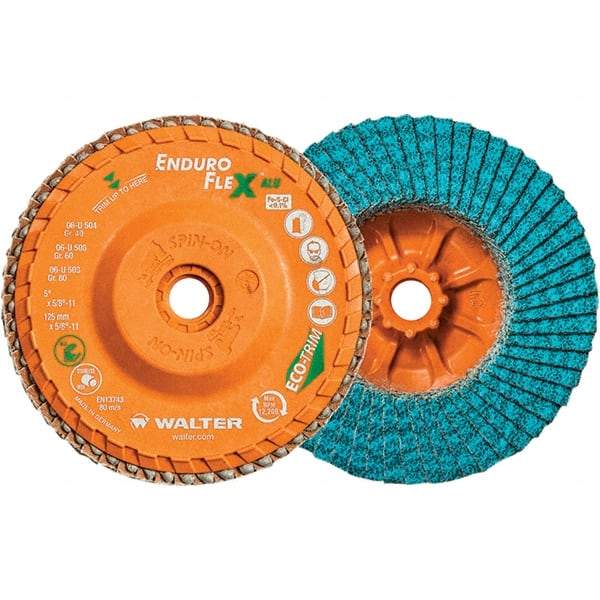 WALTER Surface Technologies - 80 Grit, 5" Disc Diam, 5/8-11 Center Hole, Type 27 Zirconia Alumina Flap Disc - 12,200 Max RPM, Polyester Backing, Arbor Attaching System, Coated - Industrial Tool & Supply