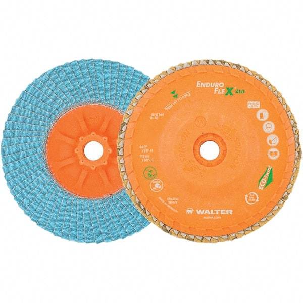 WALTER Surface Technologies - 40 Grit, 6" Disc Diam, 5/8-11 Center Hole, Type 27 Zirconia Alumina Flap Disc - 10,200 Max RPM, Polyester Backing, Arbor Attaching System, Coated - Industrial Tool & Supply