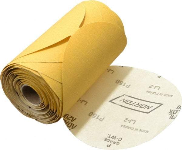 Norton - 6" Diam, 150 Grit Aluminum Oxide Adhesive PSA Disc - Medium Grade, Gold, C Weighted Backing, Flexible - Industrial Tool & Supply