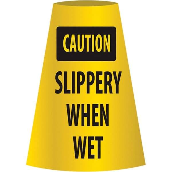 NMC - Caution - Slippery When Wet, 21-3/4" Wide x 11" High, Polyethylene Floor Sign - Cone, Black on Yellow, For Restroom, Janitorial & Housekeeping - Industrial Tool & Supply