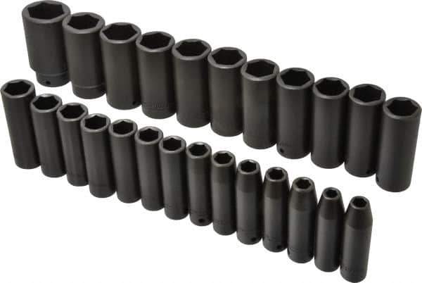 Proto - 25 Piece 1/2" Drive Deep Well Impact Socket Set - 6 Points, 8mm to 36mm Range, Metric Measurement Standard - Industrial Tool & Supply