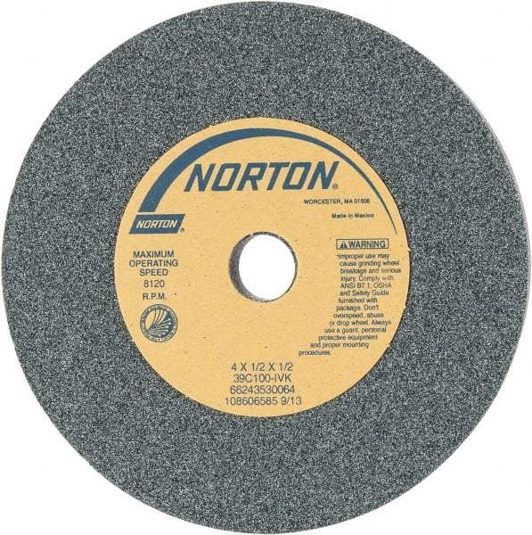 Norton - 4" Diam x 1/2" Hole x 1/2" Thick, I Hardness, 100 Grit Surface Grinding Wheel - Silicon Carbide, Type 1, Fine Grade, 8,120 Max RPM, Vitrified Bond, No Recess - Industrial Tool & Supply