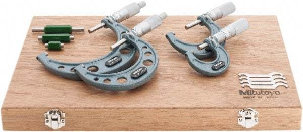 Mitutoyo - 0 to 4" Range, 4 Piece Mechanical Outside Micrometer Set - 0.0001" Graduation, 0.0001" Accuracy, Friction Thimble, Carbide Tipped Face - Industrial Tool & Supply