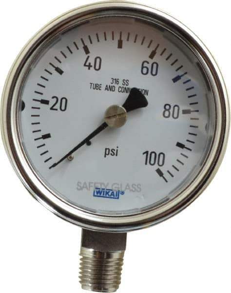 Wika - 2-1/2" Dial, 1/4 Thread, 0-100 Scale Range, Pressure Gauge - Lower Connection Mount, Accurate to 2-1-2% of Scale - Industrial Tool & Supply