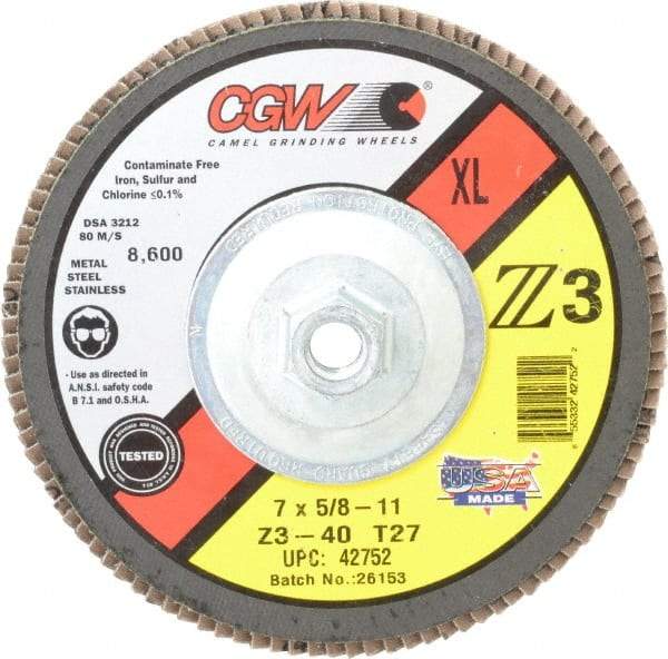 Camel Grinding Wheels - 40 Grit, 7" Disc Diam, 5/8-11 Center Hole, Type 27 Zirconia Alumina Flap Disc - 8,600 Max RPM, Poly Cotton Backing, Arbor Attaching System, Coated - Industrial Tool & Supply