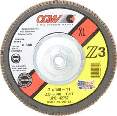 Camel Grinding Wheels - 40 Grit, 7" Disc Diam, 5/8-11 Center Hole, Type 27 Zirconia Alumina Flap Disc - 8,600 Max RPM, Poly Cotton Backing, Arbor Attaching System, Coated - Industrial Tool & Supply