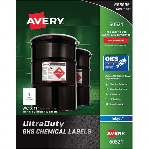 AVERY - Pack of (50), 8-1/2" x 11" White Synthetic Film ID Labels - Industrial Tool & Supply