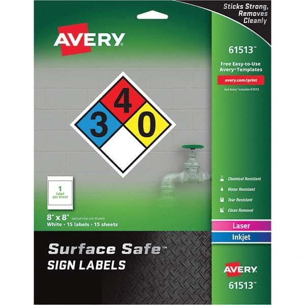 AVERY - Pack of (15), 8" x 8" White Polyester Durable Square Labels - Industrial Tool & Supply