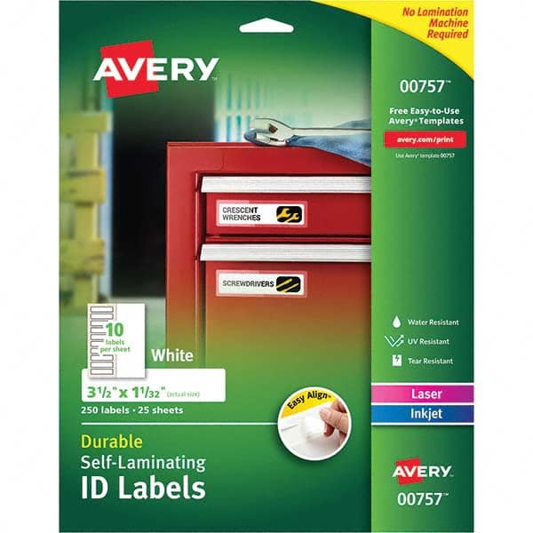 AVERY - Pack of (250), 1-1/32" x 3-1/2" White Paper Self Laminating Labels - Industrial Tool & Supply