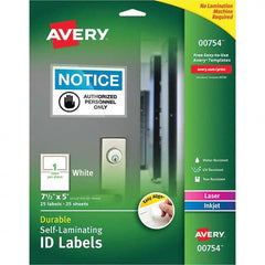 AVERY - Pack of (25), 5" x 7-1/2" White Paper Self Laminating Labels - Industrial Tool & Supply