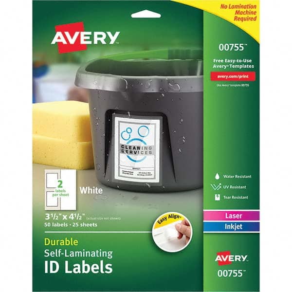 AVERY - Pack of (50), 3-1/2" x 4-1/2" White Paper Self Laminating Labels - Industrial Tool & Supply