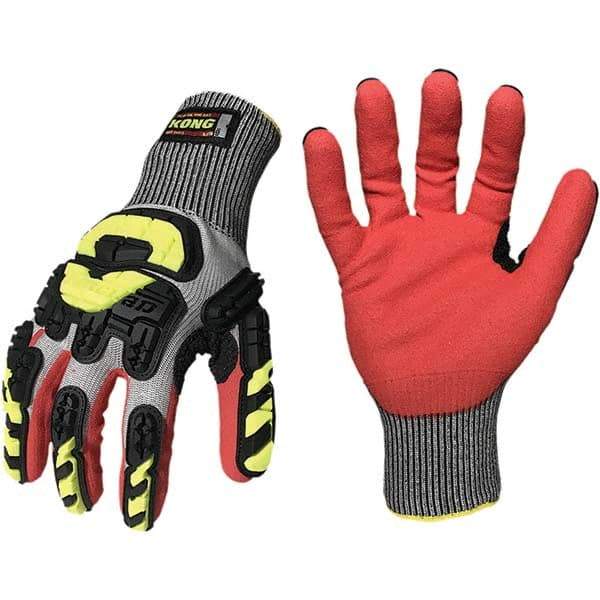 ironCLAD - Size M (8), ANSI Cut Lvl A5, Puncture Lvl 4, Abrasion Lvl 4, Nitrile Coated Cut Resistant Gloves - 11" Long, Palm Coated, Unlined, Knit Wrist, Gray/Red, Paired - Industrial Tool & Supply