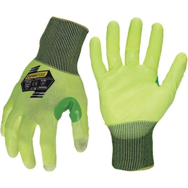 ironCLAD - Size M (8), ANSI Cut Lvl A2, Abrasion Lvl 3, Polyurethane Coated Cut Resistant Gloves - 11" Long, Palm Coated, Unlined, Knit Wrist, Hi-Vis Yellow, Paired - Industrial Tool & Supply