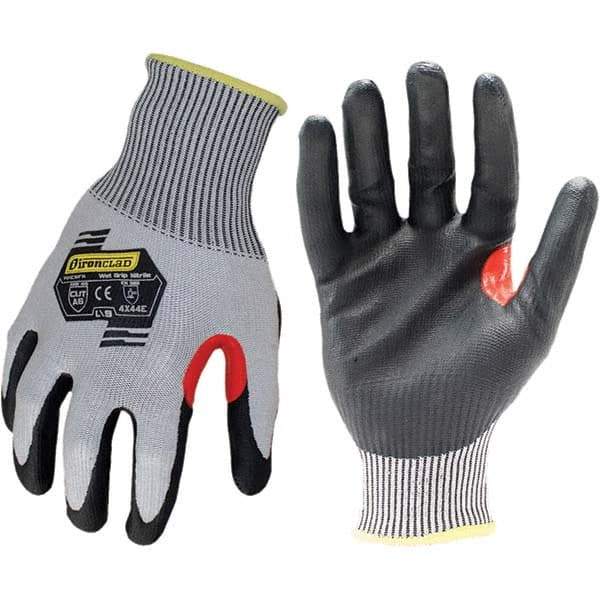 ironCLAD - Size M (8), ANSI Cut Lvl A6, Abrasion Lvl 4, Foam Nitrile Coated Cut Resistant Gloves - 11" Long, Palm Coated, Unlined, Knit Wrist, Gray/Black, Paired - Industrial Tool & Supply
