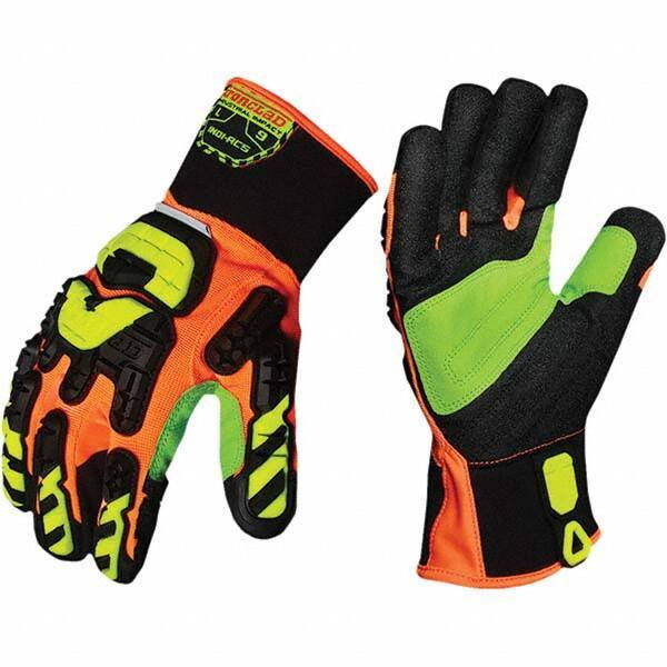 ironCLAD - Size L (9), ANSI Cut Lvl A5, Puncture Lvl 5, Abrasion Lvl 3, Cut Resistant Gloves - 11" Long, Uncoated, Unlined, Slip-On Cuff, Hi-Vis Orange/Black, Paired - Industrial Tool & Supply