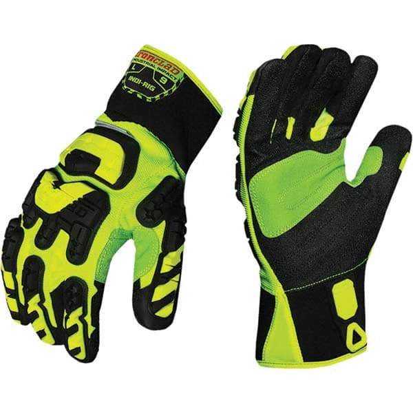 ironCLAD - Size M (8), ANSI Cut Lvl A2, Puncture Lvl 3, Abrasion Lvl 4, Cut Resistant Gloves - 11" Long, Uncoated, Unlined, Slip-On Cuff, Hi-Vis Green/Black, Paired - Industrial Tool & Supply