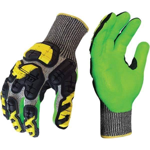 ironCLAD - Size M (8), ANSI Cut Lvl A3, Puncture Lvl 5, Abrasion Lvl 4, Foam Nitrile Coated Cut Resistant Gloves - 10" Long, Palm Coated, Elastic Knit Cuff, Gray/Green, Paired - Industrial Tool & Supply