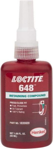 Loctite - 50 mL Bottle, Green, High Strength Liquid Retaining Compound - Series 648, 24 hr Full Cure Time, Heat Removal - Industrial Tool & Supply