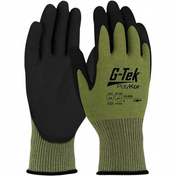 PIP - Size M, ANSI Cut Lvl A5, Polyurethane Coated Aramid/PolyKor Cut Resistant Gloves - Palm & Fingers Coated, Knit Wrist, Green, Paired - Industrial Tool & Supply