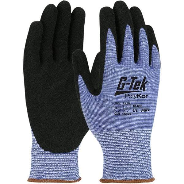 PIP - Size L, ANSI Cut Lvl A5, Nitrile Coated PolyKor Cut Resistant Gloves - Palm & Fingers Coated, Knit Wrist, Blue, Paired - Industrial Tool & Supply