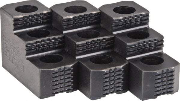 H & R Manufacturing - 6" Max Chuck Diam Compatibility, Case Hardened Steel 1.5mm x 60° Serrated Hard Lathe Top Jaws - 2 Steps, 0.472" Groove Width, 1-1/4" Wide x 3" Long x 1.969" High - Industrial Tool & Supply