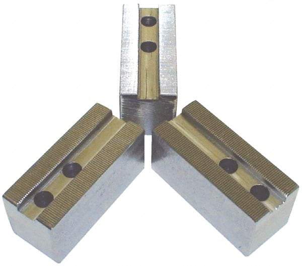 H & R Manufacturing - 1.5mm x 60° Serrated Attachment, Square Soft Lathe Chuck Jaw - 3 Jaws, Steel, 1.69" Btw Mount Hole Ctrs, 6-1/2" Long x 2-1/2" Wide x 2-1/2" High, 1" Groove, 20mm Fastener - Industrial Tool & Supply