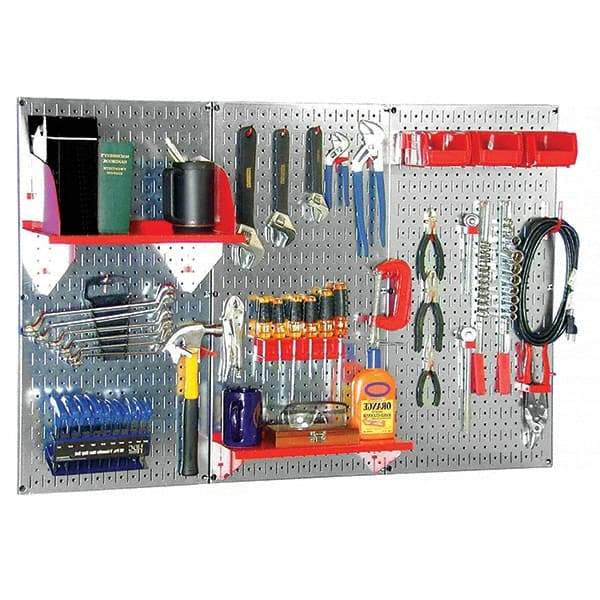Wall Control - 48" Wide x 32" High Peg Board Kit - 3 Panels, Galvanized Steel, Galvanized/Red - Industrial Tool & Supply