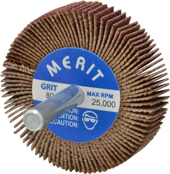 Merit Abrasives - 2" Diam x 1/2" Face Width, Medium Ceramic Alumina Coated Mounted Flap Wheel - 1/4" Shank Mount, 80 Grit, Cloth Backing, 25,000 Max RPM - Industrial Tool & Supply