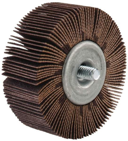 Merit Abrasives - 2-1/2" Diam x 1" Face Width, Fine Aluminum Oxide Coated Mounted Flap Wheel - 1/4-20 Threaded Mount, 120 Grit, Cloth Backing, 20,000 Max RPM - Industrial Tool & Supply