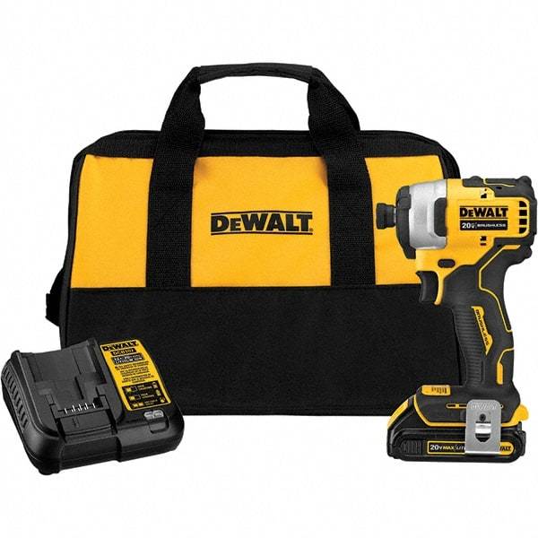 DeWALT - Atomic 20 Volt, 1/4" Drive, 1,700 In/Lb Torque, Cordless Impact Driver - Mid-Handle, 2800 RPM, 1 Lithium-Ion Battery Included - Industrial Tool & Supply