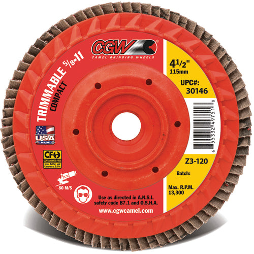 4 1/2″ × 5/8″-11 - 80 Grit - C3 Ceramic Compact Trimmable Flap Disc with Hub - Industrial Tool & Supply