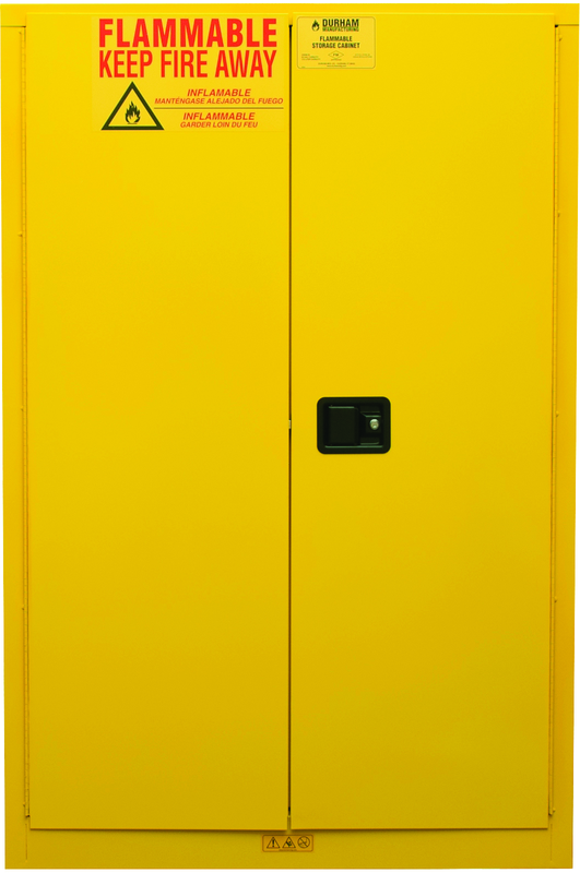 45 Gallon - All Welded - FM Approved - Flammable Safety Cabinet - Manual Doors - 2 Shelves - Safety Yellow - Industrial Tool & Supply