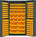 36"W - 14 Gauge - Lockable Bin Cabinet - With 132 Yellow Hook-on Bins - Deep Door Style - Gray - Industrial Tool & Supply