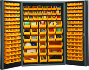 48"W - 14 Gauge - Lockable Cabinet - With 176 Yellow Hook-on Bins - Deep Door Style - Black - Industrial Tool & Supply