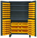 48"W - 14 Gauge - Lockable Cabinet - With 137 Yellow Hook-on Bins - 3 Adjustable Shelves - Flush Door Style - Gray - Industrial Tool & Supply