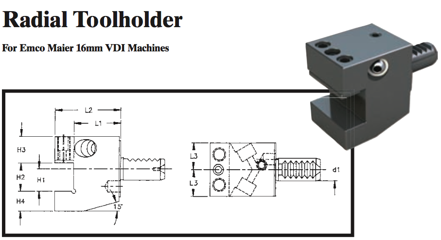 Radial Toolholder (For Emco Maier 16mm VDI Machines) - Part #: CNC86 E45.1616 - Industrial Tool & Supply