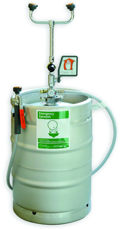 Guardian self-contained eyewash/drench hose unit is ideal for use in low traffic areas, and where a continuous supply of potable water is unavailable for plumbed units. 15 gallon pressurized unit is ideal for floor placement near any hazard. - Industrial Tool & Supply