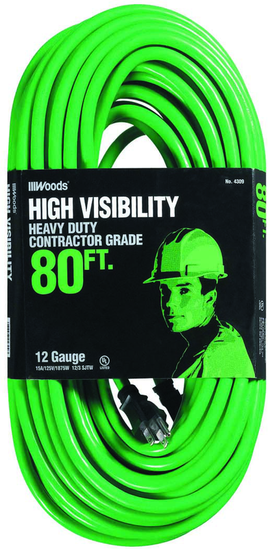 80' Ext. Cord Extra HD 1-Outlet- Neon High Visibility - Industrial Tool & Supply