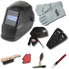 Auto-Darkening Welding Helmet Starter Kit with No. 11 Lens, Gloves, Wire Brush, Magnet, Chipping Hammer and Marker - Industrial Tool & Supply