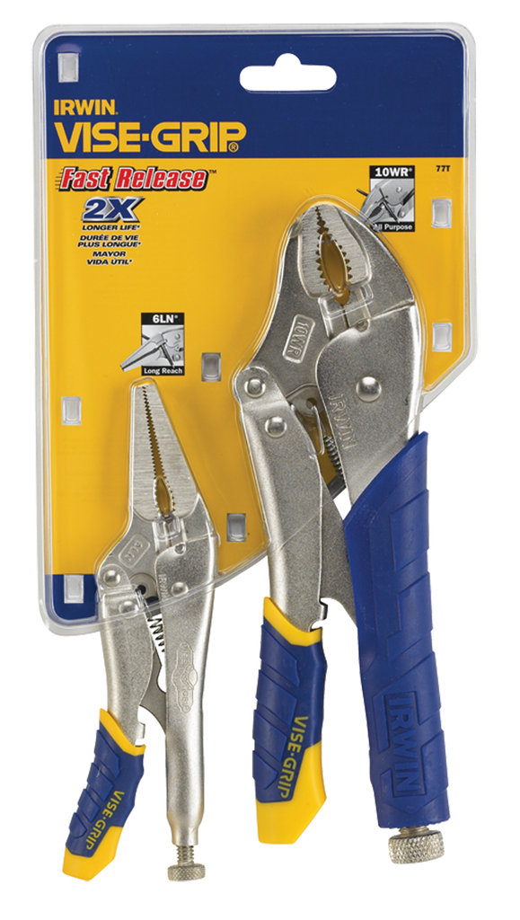 Fast Release Curved Jaw Locking Pliers Set -- 2 Pieces -- Includes: 10" Curved Jaw & 6" Long Nose - Industrial Tool & Supply