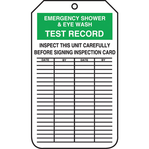 Inspection Record Tag, Emergency Shower & Eye Wash Test Record, 25/PK, Cardstock - Industrial Tool & Supply