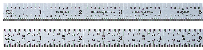 #C305R-6-Certified - 6'' Long - 5R Graduation - 1/2'' Wide - Satin Chrome Finish Flexible Steel Rule with Certification - Industrial Tool & Supply