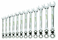 12 Piece - 12 Pt Ratcheting Flex-Head Combination Wrench Set - High Polish Chrome Finish - Metric 8mm - 19mm - Industrial Tool & Supply