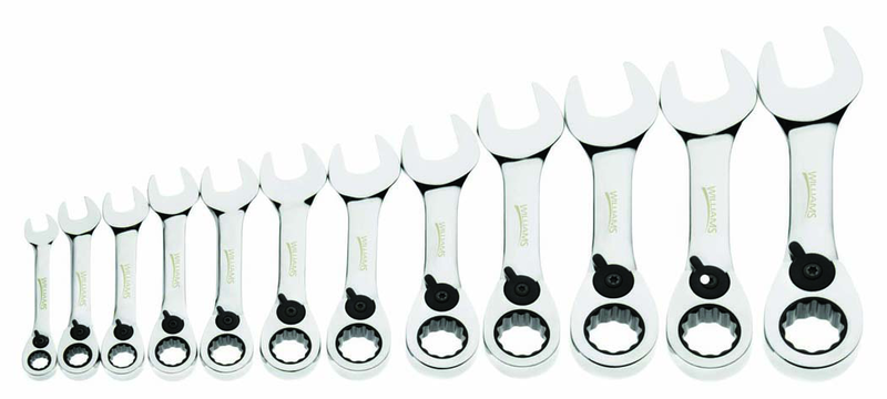 12 Piece - 12 Pt Ratcheting Stubby Combination Wrench Set - High Polish Chrome Finish - Metric; 8mm - 19mm - Industrial Tool & Supply