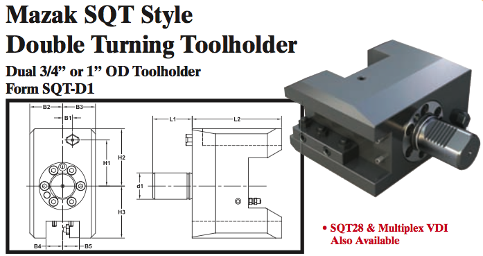 Mazak SQT Style Double Turning Toolholder (Dual 3/4Ó or 1Ó OD Toolholder Form SQT-D1) - Part #: SQT41.1525 - Industrial Tool & Supply