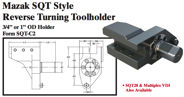 Mazak SQT Stye Reverse Turning Toolholder (3/4Ó or 1Ó OD Holder Form SQT-C2) - Part #: SQT32.1020 - Industrial Tool & Supply