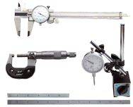 Kit Contains: 6" Dial Caliper; 0-1" Outside Micrometer; Mag Base With Fine Adjustment; 1" Travel Indicator; 6" 4R Scale And 12" 4R Scale - 6 Piece Machinist Set Up & Inspection Kit - Industrial Tool & Supply