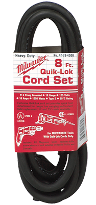 #48-76-4008 - Fits: Most Milwaukee 3-Wire Quik-Lok Cord Sets @ 8' - Replacement Cord - Industrial Tool & Supply